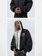 MEDM Faux Fur Hooded Padded Jacket in Black - On Male Model