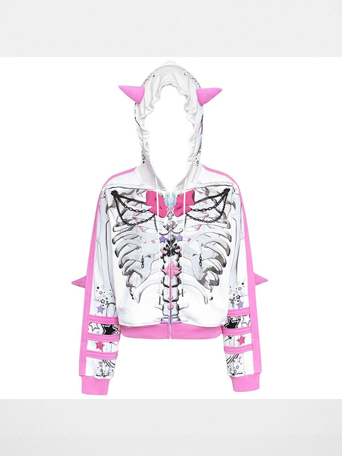 CFIERCE Bow Skull Horned Zip Hoodie in White