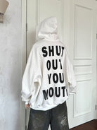 Triangle Project No Barking Graphic Fleece Hoodie in White - On Model