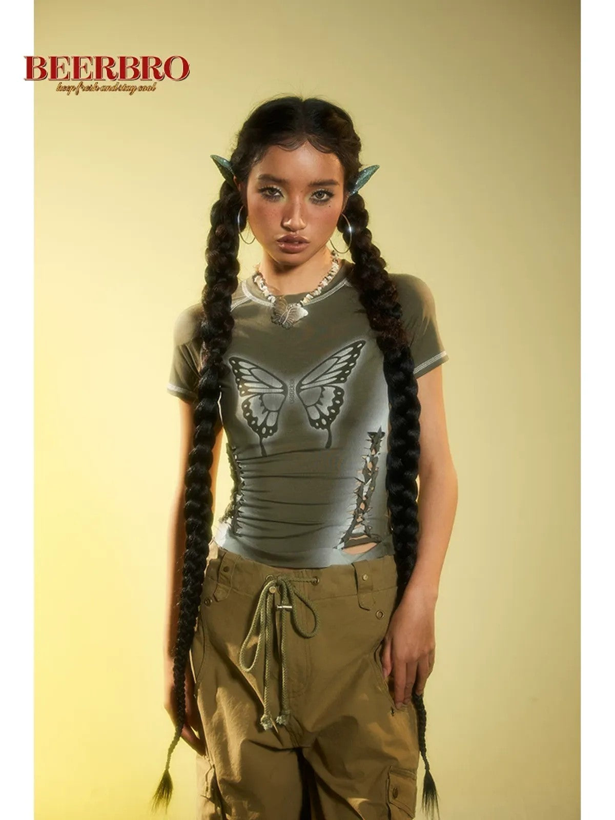 BeerBro Airbrush Butterfly Cutout Tee in Olive - On Model