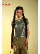 BeerBro Airbrush Butterfly Cutout Tee in Olive - On Model