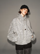 PUKI Scarf Collar Wool Tweed Jacket in Gray - On Model