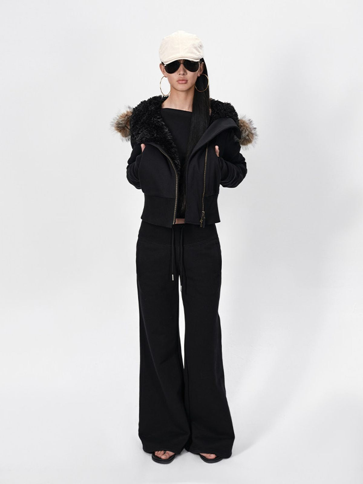 RARELY ALIKE Asymmetrical Plush Lined Jacket in Black - On Model