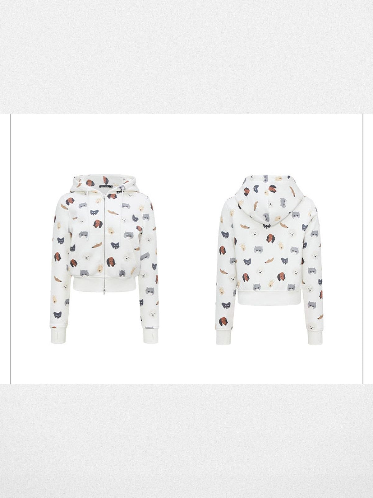 RARELY ALIKE Cat Dog Print Cropped Zip Hoodie in White