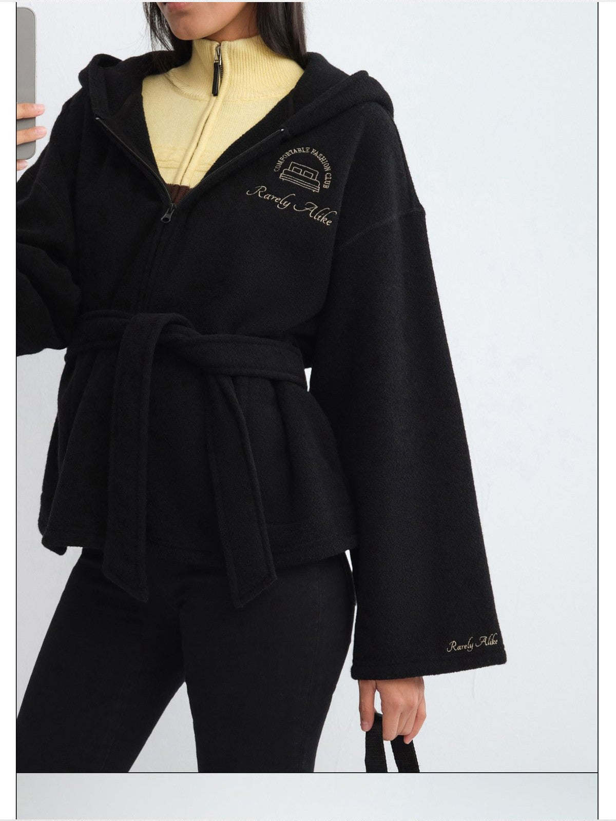 RARELY ALIKE Embroidered Hooded Robe Coat in Black - On Model