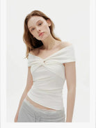 PUKI Twisted Knot Off Shoulder Top in White - On Model