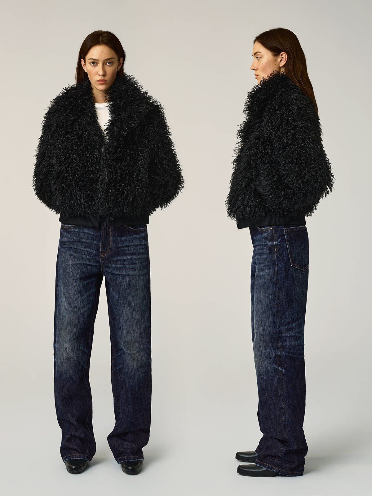 Alright then Faux Mongolian Lamb Fur Jacket in Black - On Model