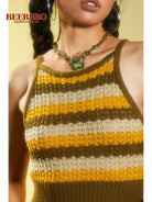 BeerBro Striped Open Knit Halter Top in Olive - On Model