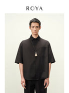 ROYA Silk Blend Hidden Placket Shirt in Black - On Model