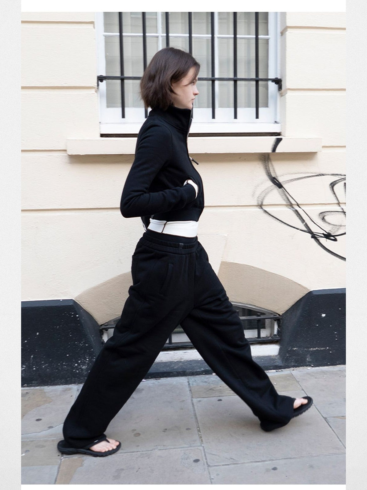 RARELY ALIKE Cropped Stand Collar Zip Jacket in Black - On Model