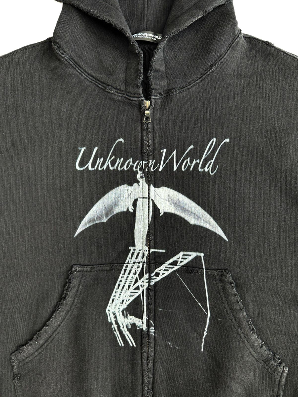 UNKNOWNWORLD Distressed Bat Print Zip Up Hoodie in Black