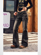 BeerBro Studded Leopard Micro Flare Jeans in Black - On Model