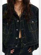 THELIGHT OFFICIAL Distressed Cropped Denim Jacket in Denim - On Model