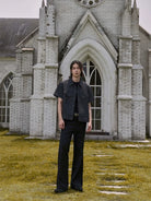 Y OFFICIAL Snap Front Short Sleeve Shirt Jacket in Black - On Model