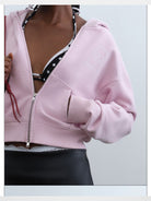 RARELY ALIKE Comfort Club Graphic Zip Up Hoodie in Pink - On Model
