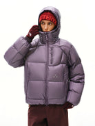 FPA Semi Sheer 800FP Hooded Puffer in Purple - On Female Model