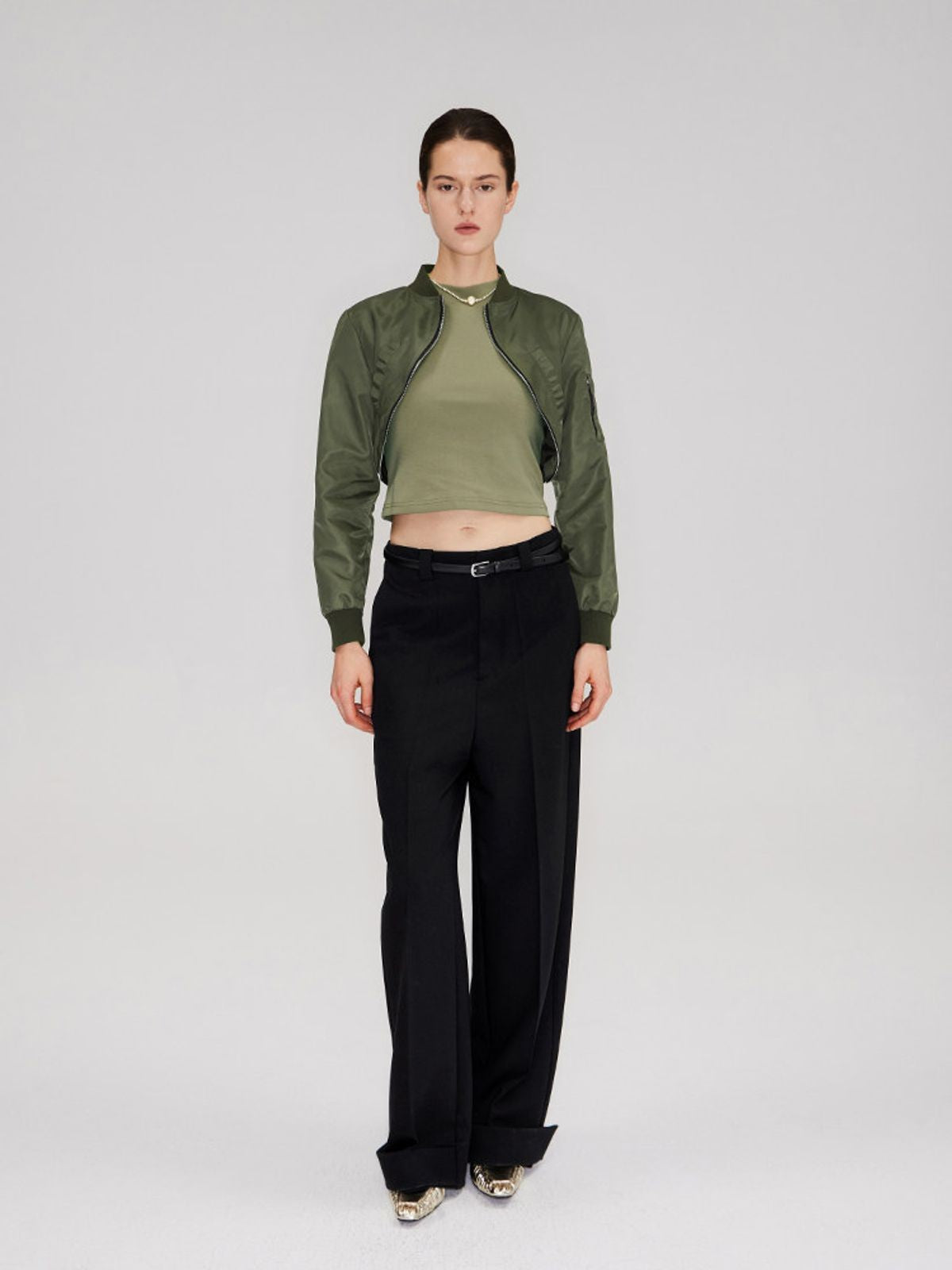RARELY ALIKE Curved Hem Cropped Bomber in Olive - On Model