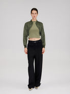 RARELY ALIKE Curved Hem Cropped Bomber in Olive - On Model