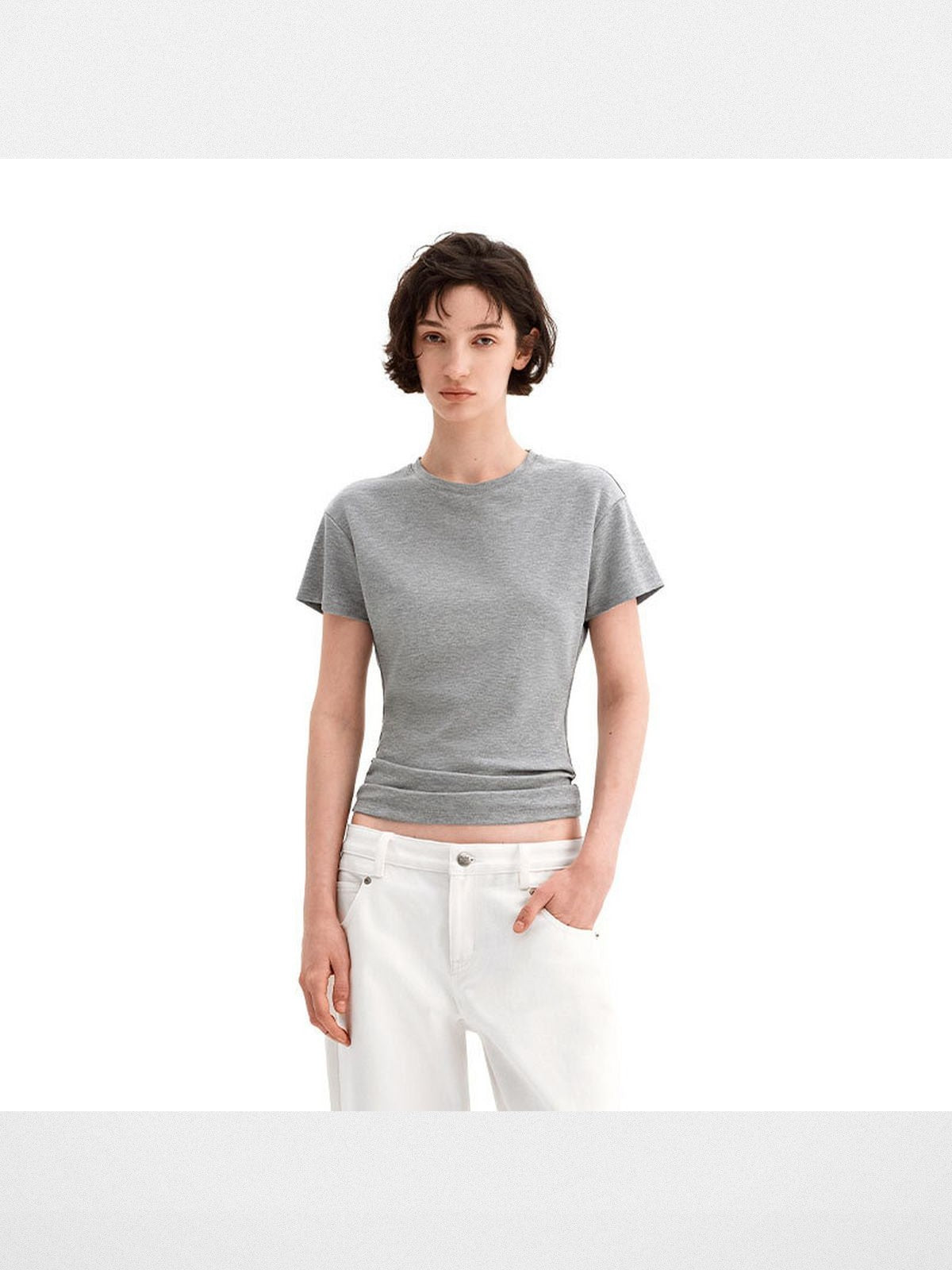 PUKI Structured Shoulder Lyocell Tee in Gray - On Model