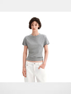 PUKI Structured Shoulder Lyocell Tee in Gray - On Model