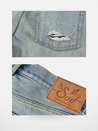 SOD Co. Patchwork Velvet Plaid Flare Jeans in Blue - Detail