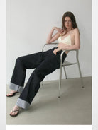 PUKI Rhinestone Cuff Curved Leg Jeans in Blue - On Model