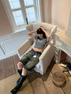 NeverSeez Lace Bow Graphic Baby Tee in Gray - On Model