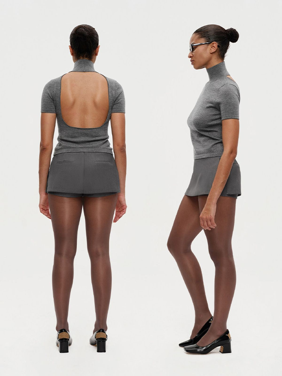 RARELY ALIKE Open Back Wool Mock Neck Top in Gray - On Model