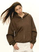 ARISEISM Oversized Cotton Blend Zip Up Hoodie in Brown - On Model