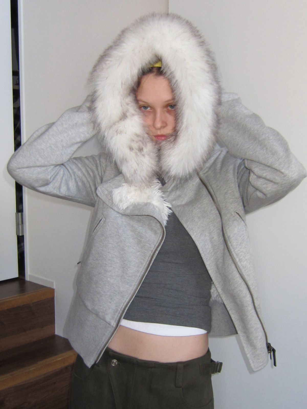 RARELY ALIKE Asymmetric Zip Hooded Padded Jacket in Gray - On Model