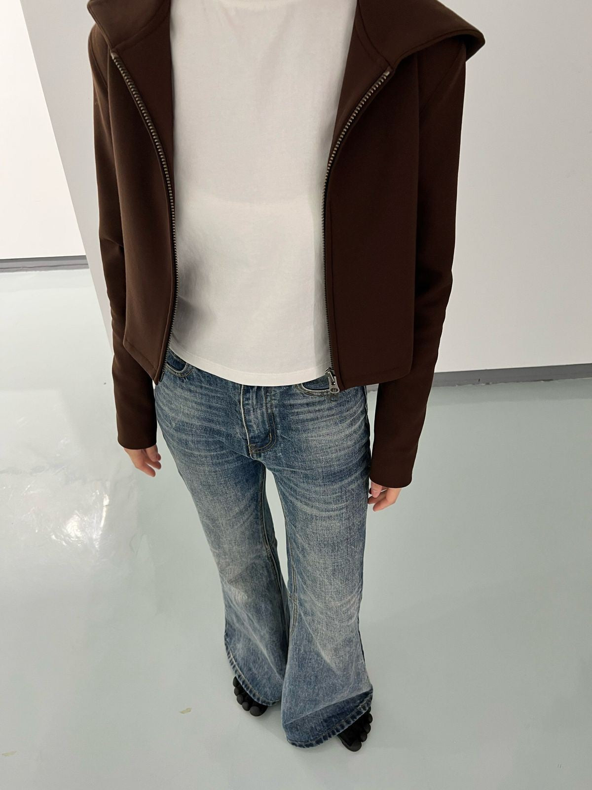 Alright then Hooded Wool Double Zip Jacket in Brown - On Model