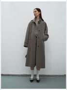 RandomPiece Wool Camel Hair Stand Collar Coat in Beige - On Model