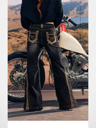 BeerBro Leopard Panel Lace Up Flare Jeans in Denim - On Model