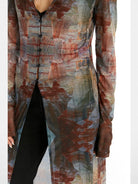 THELIGHT OFFICIAL Oil Print Mesh Maxi Cardigan in Brown - On Model