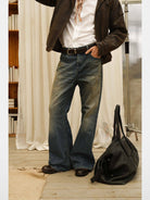 Retro 21 Vintage Wash 646 Style Flared Jeans in Blue - On Model