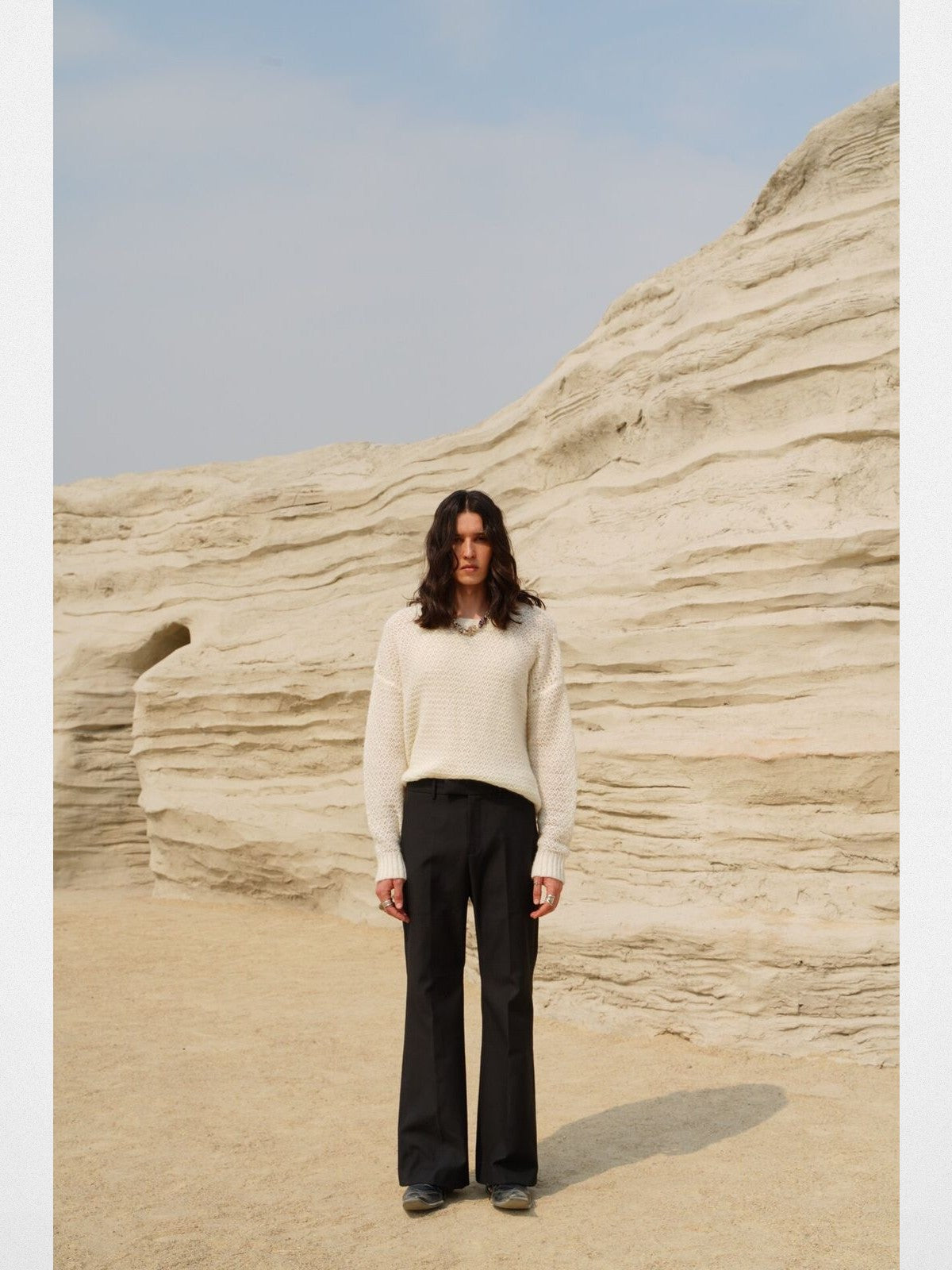 Retro 21 Hollow Knit Wool Mohair Sweater in White - On Model