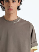 NANS Hand Stitched Fringe Oversized Tee in Beige - On Model