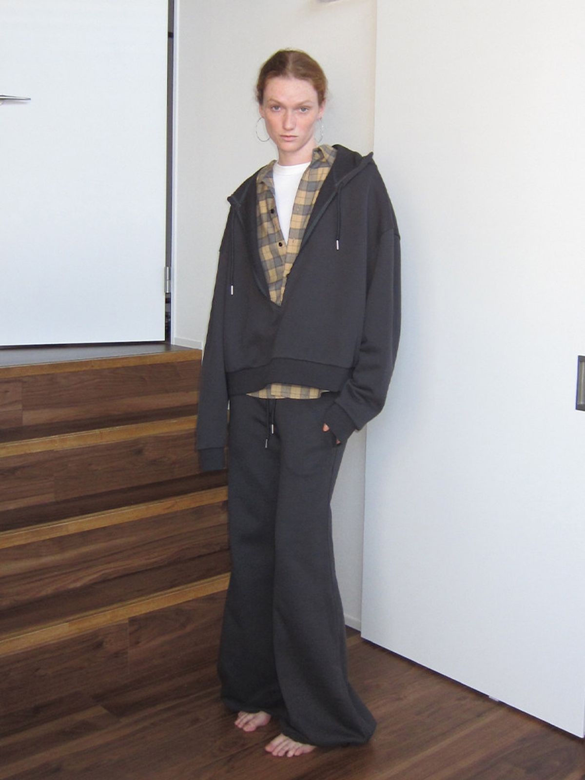 RARELY ALIKE Deep V Neck Cropped Hoodie in Gray - On Model