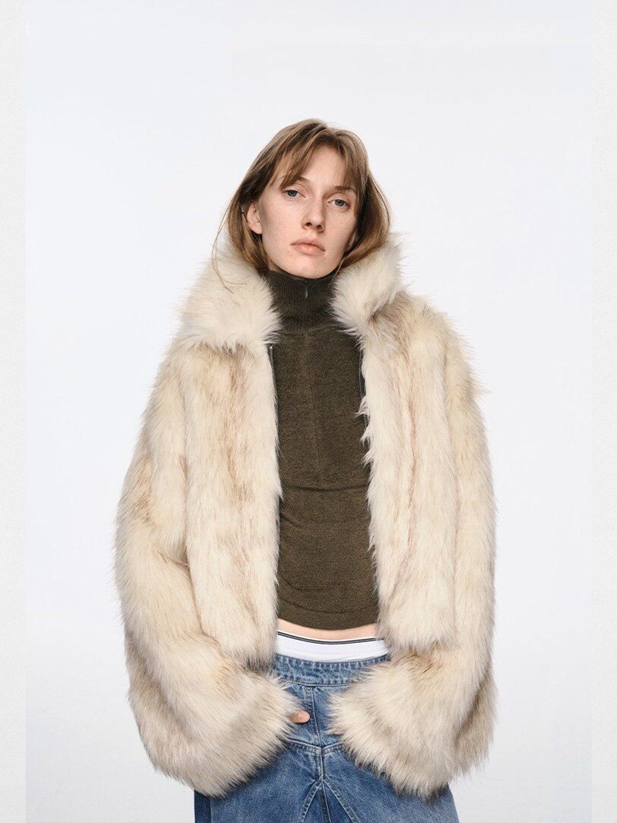 RARELY ALIKE Cropped Faux Fur Zip Jacket in White - On Model