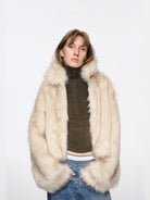 RARELY ALIKE Cropped Faux Fur Zip Jacket in White - On Model