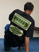 MEDM Retro Typography Chenille T Shirt in Black - On Male Model