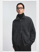 NANS Speckled Wool Blend Zip Cardigan in Gray - On Model