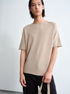 ROYA Rolled Edge Washi Silk Knit T Shirt in Beige - On Model