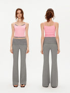 PUKI Ribbed Waist Micro Flare Pants in Gray - On Model