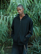 TRIANGLE PROJECT Gemstone Embellished Zip Hoodie in Black - On Model