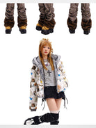 CFIERCE Reversible Cat Print Faux Fur Jacket in White - On Female Model