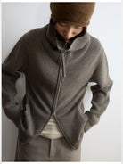 RandomPiece Merino Wool Draped Zip Cardigan in Beige - On Model