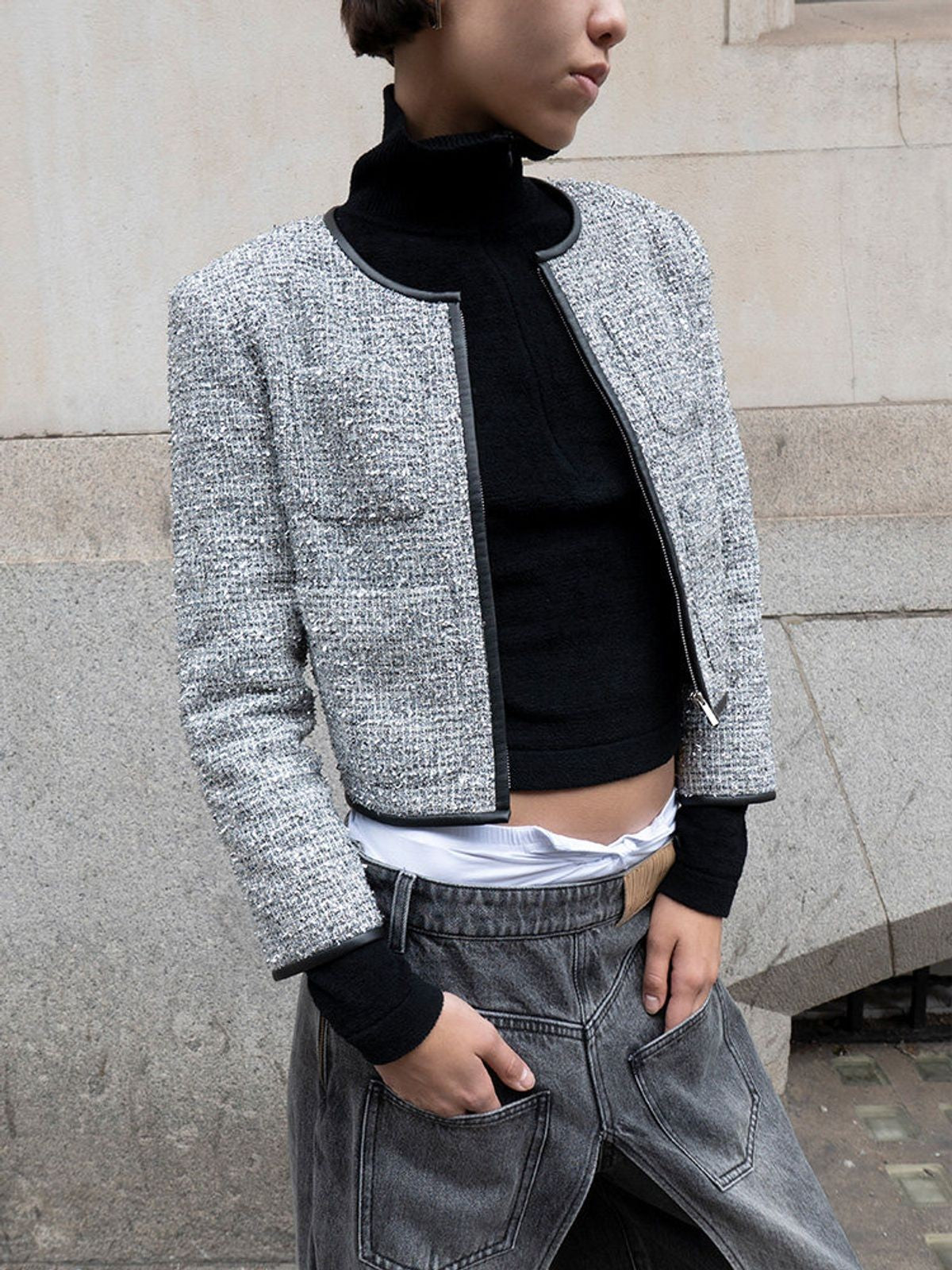 RARELY ALIKE Silver Sequin Tweed Cropped Jacket in Silver - On Model