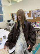 NeverSeez Vintage Wash Nylon Barn Jacket in Brown - On Female Model