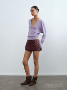 rarely alike Side Zip Faux Leather Mini Skort in Burgundy - On Model